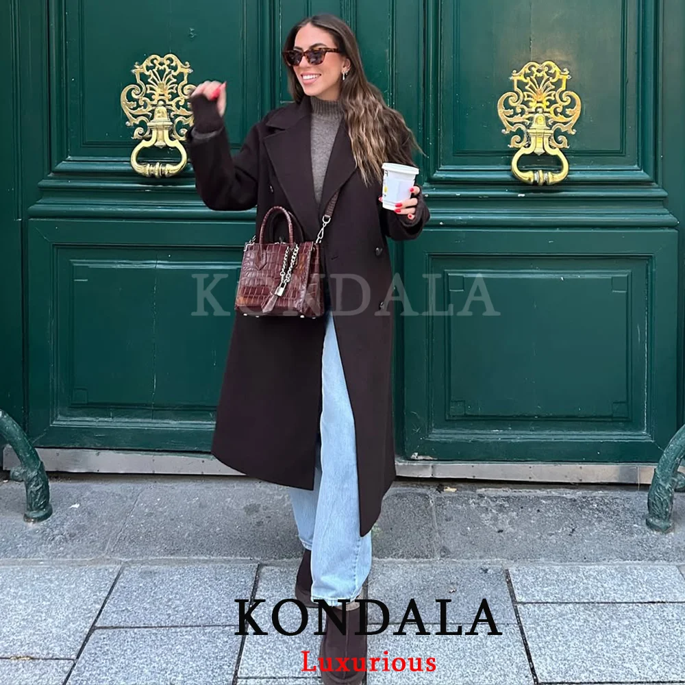 KONDALA Casual Chocolate Brown Women Coats Long Sleeve Buttons Pockets Long Jacket Fashion 2025 Autumn Winter Thick Warm Outwear