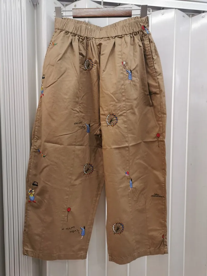 純粋な綿刺繍弾性ウエストストレートレッグカジュアルパンツ快適なルーズフィット 7 分の 1 夏新到着