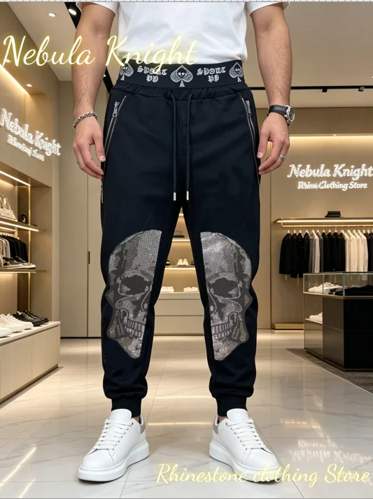 Elastic Waist Men Sweat Trousers Luxury Rhinestone Ornament Zipper Pocket Streetwear Casual Pants Male Daily Summer Outfit