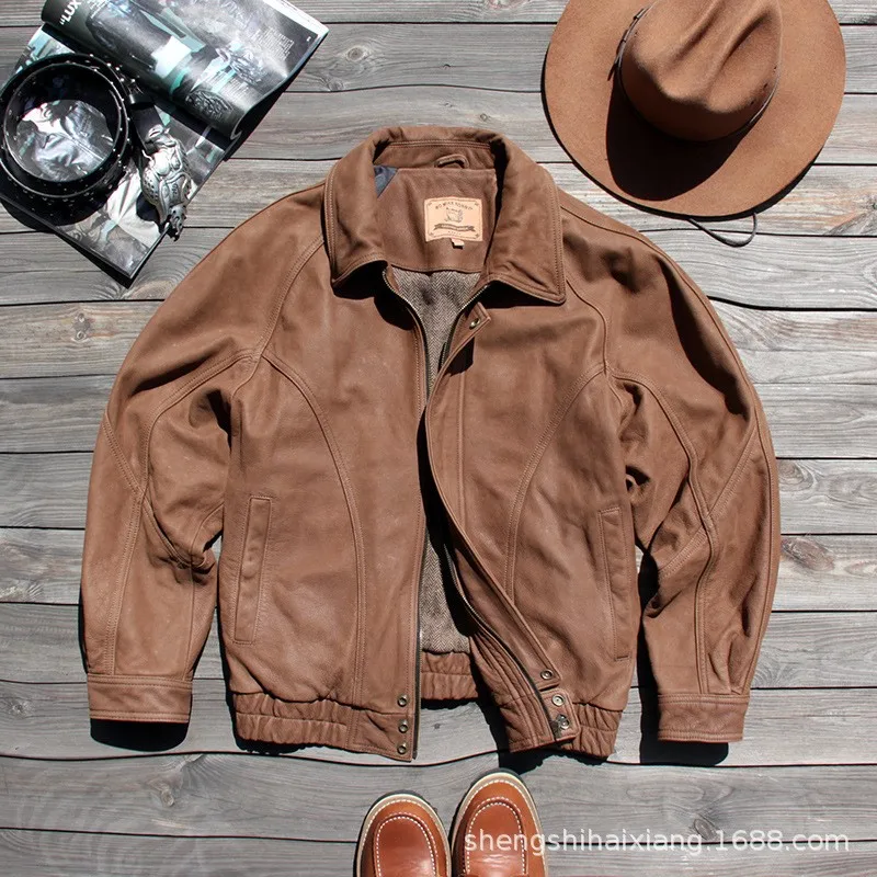 

Frosted cowhide leather men's wide-collar motorcycle