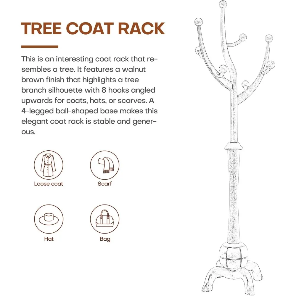 木製自立式コートラック 8フック付き - 木の枝デザイン、クリエイティブで安定した家庭用洋服ハンガー スタンド