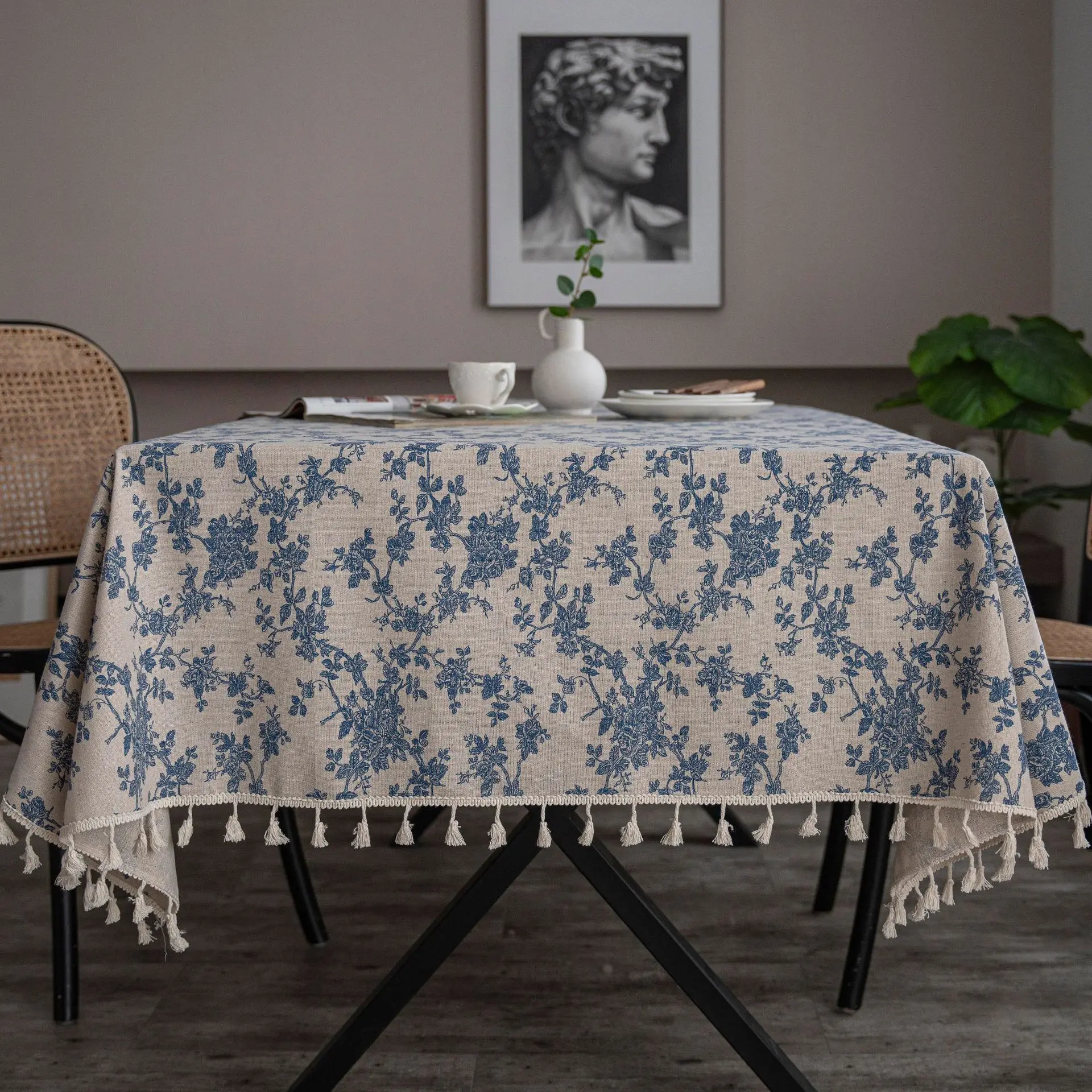Retro Cotton and Linen Printed Dining Table Cloth, Tassel Tablecloth Household Coffee Table Dust Cover Cloth