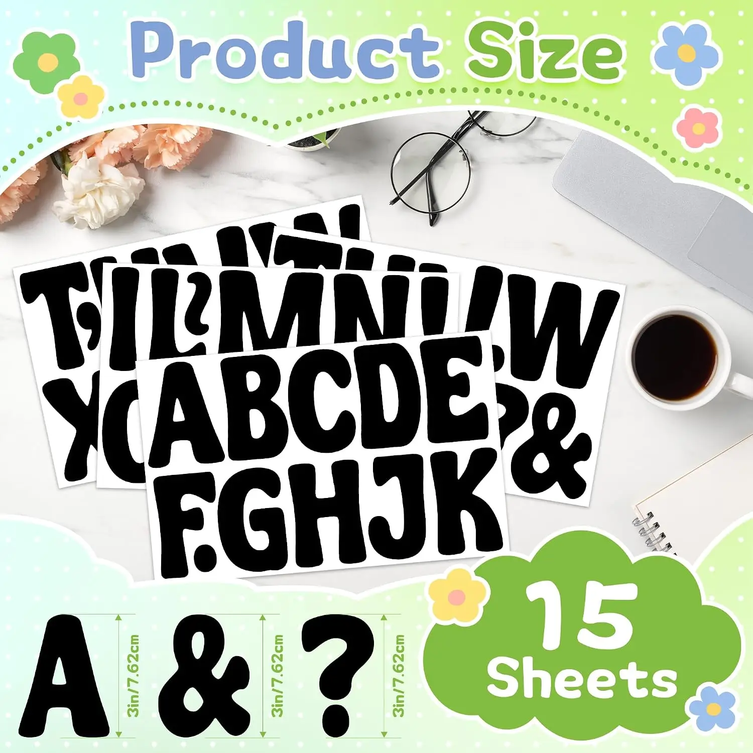 15 Sheets Bulletin Board Letters, 3 Inch Self‑Adhesive Vinyl Alphabet Stickers for Poster Board Mailbox Home Classroom Crafts