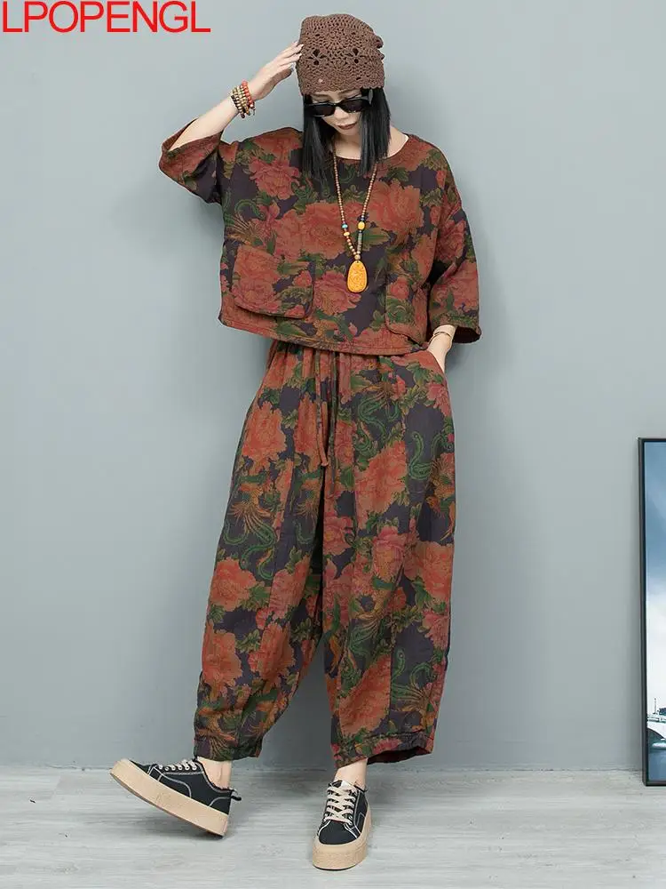 

Chinese Style Vintage Print Pullover Three-quarter Sleeve Top Wide-leg Pants Two-piece Set Women Autumn Fashion Ethnic Suit