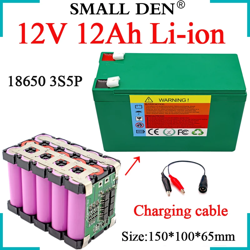 12V 12Ah 18650 Lithium Battery Pack 3S5P Rechargeable Solar storage Cell Electric lighting Outdoor kids Electric Car Toy Sprayer