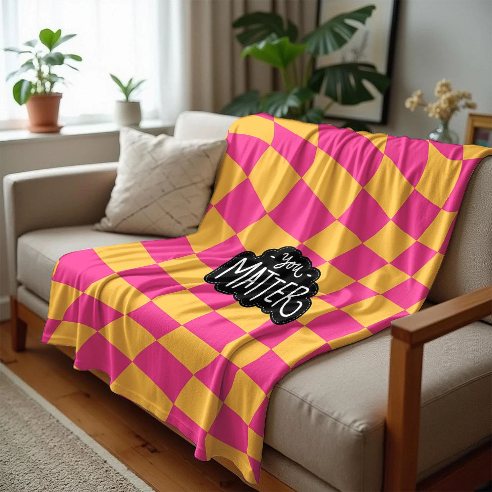 Pink Orange Check Slogan Cartoon Anime Print Flannel Blanket Soft Warm Throw for Kids Bedroom Sofa Bed Christmas Office Car