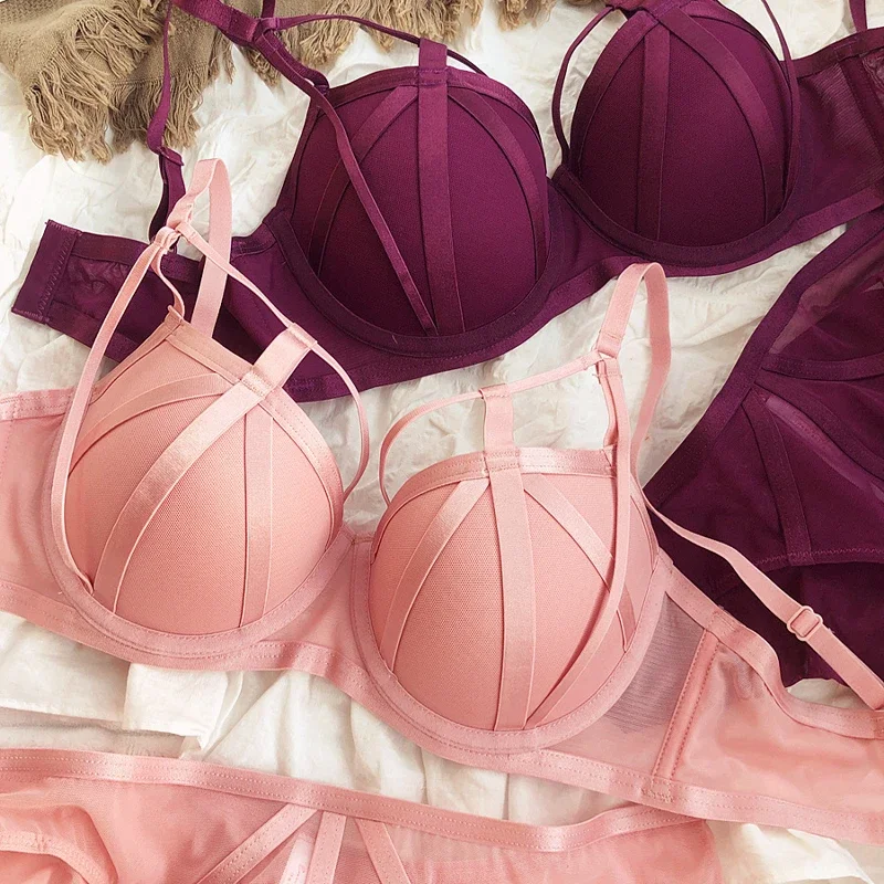 2 Pieces Fashion Lace Underwear Set Women Sexy Hollow Bandage Push Up Bra Set Europe High Quality Lingerie Plus Size CD Cup Bras