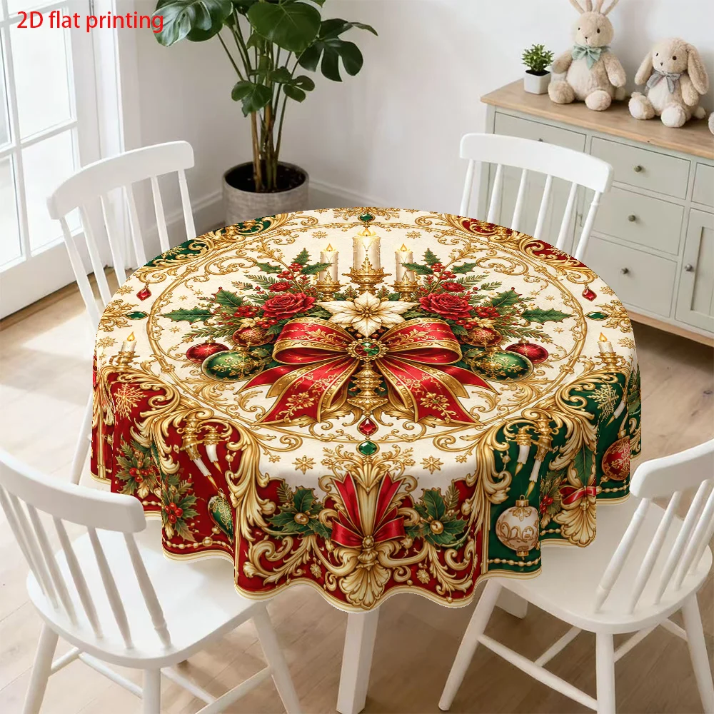 Pack of 1, 2D flat print Christmas themed round tablecloth, red green gold decorative print