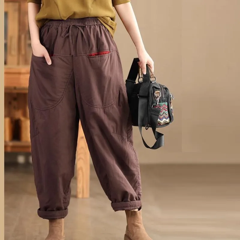 New Arrival Autumn Winter Arts Style Women Elastic Waist Loose Ankle-length Pants Thicken Warm Cotton Solid Vintage Harem Pants