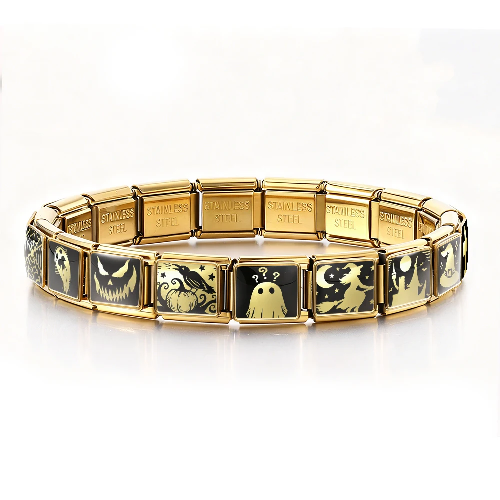 9mm Italienische Armband-Charms in Großpackung: Geister-, Kürbis-, Hexenhut-, Zauberer-Perlen, Halloween-Thema, Edelstahl, DIY-Schmuckdesign-Perlen – Detail 2