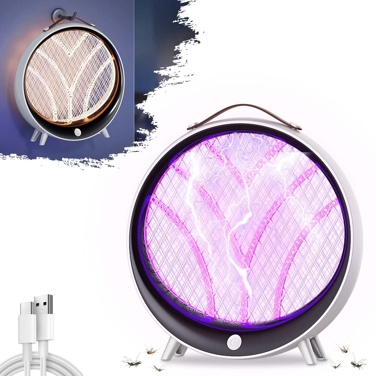 Desktop Mosquito Killer Lamp White 1200mAh USB Rechargeable 2 Modes Hangable Electric Bug Zapper for Bedroom Home Kitchen