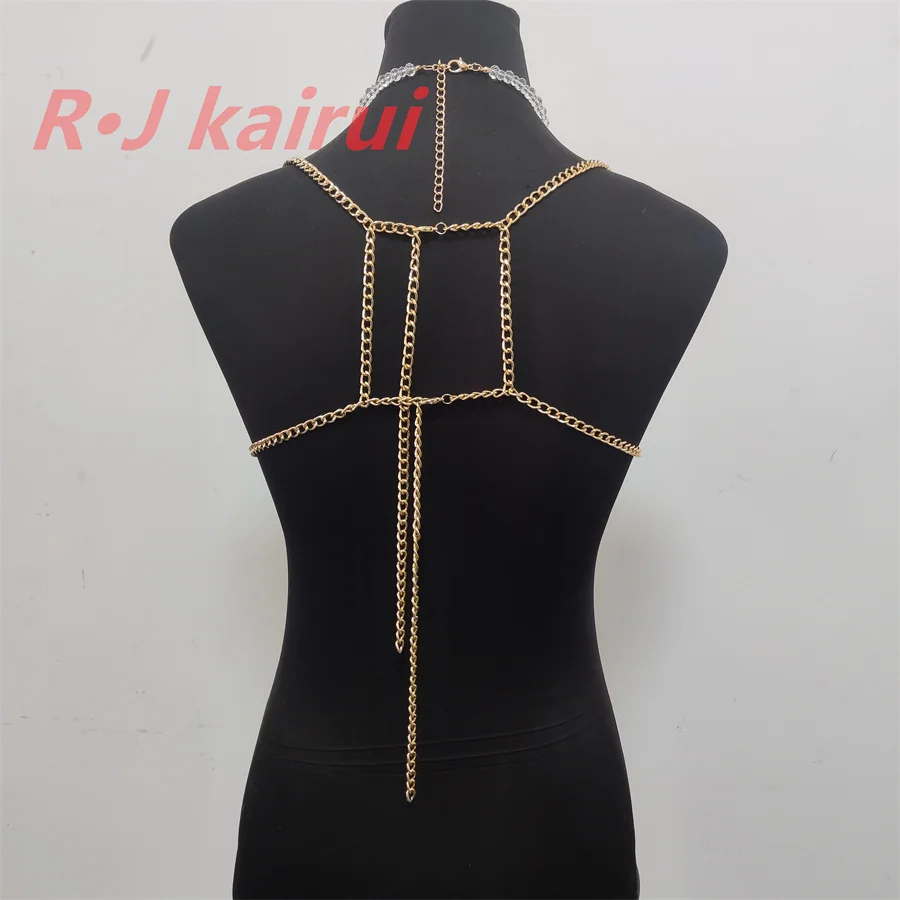 RJ Fashion Sexy Metal White Yellow Crystal Glass Beads Neck Body Chain Halter Dress Masquerade Stage Party Jewelry Accessories