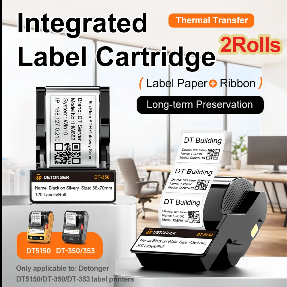 2 Rolls DETONGER White Label Cartridge Only for DT5150/DT-350 Ribbon Printer Long-term Storage Adhensive Label Sticker