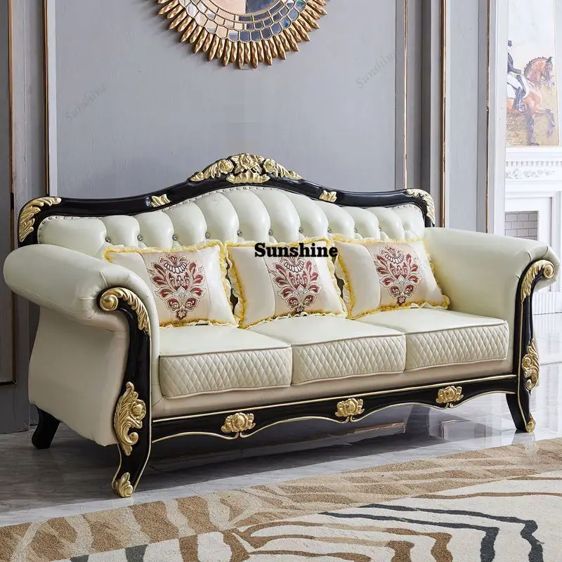 

European Luxury Style Sofas Leather Elegant Classic Wooden Carved Sofa