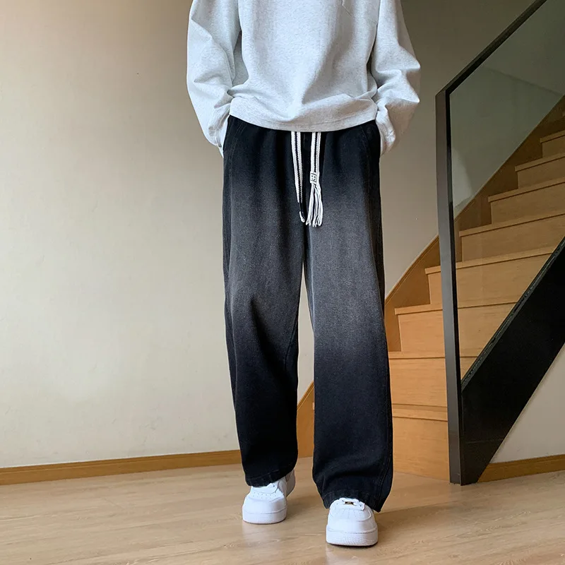 Baggy Jeans Men's Casual Pants Elastic Waist Denim Pants Straight Jogging Pants Men's Washed Jeans Black Wide Leg Jeans