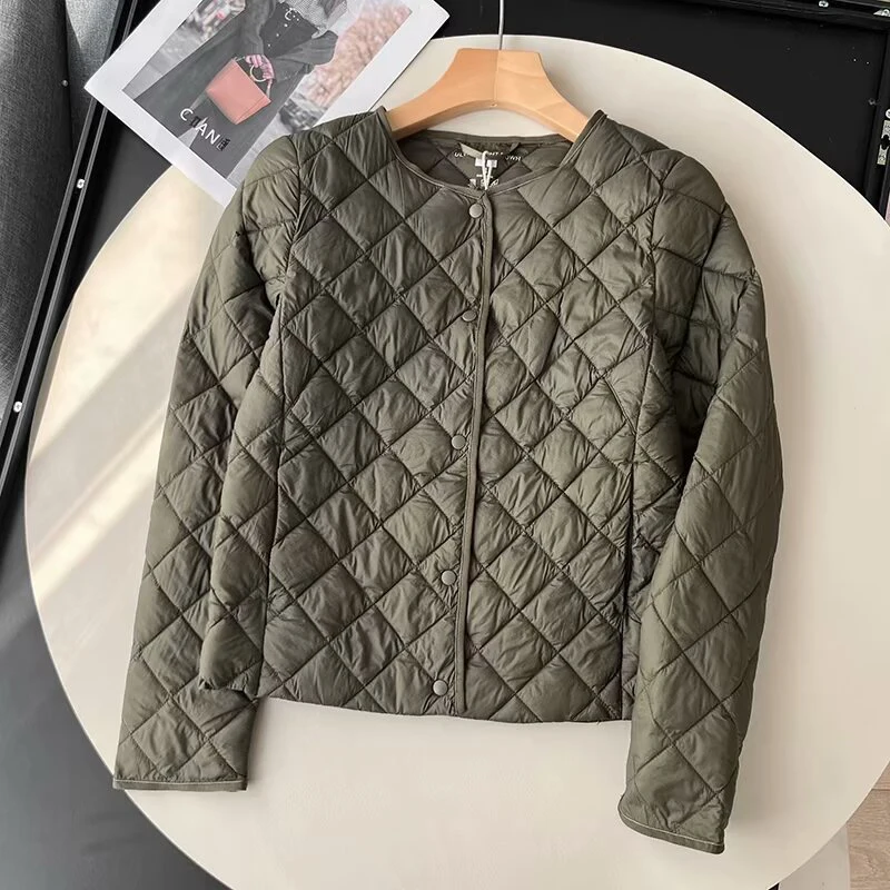 Women\'s Cotton Padded Coat Autumn Winter Round Neck Single Breasted Warm Quilted Jacket Casual Simple Female Wadded Outerwear