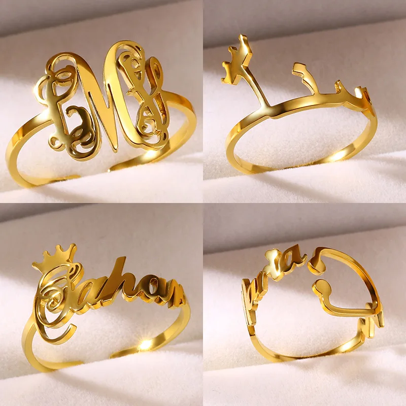 Custom Monogram Name Ring for Women Men Gold Color Stainless Steel Open Ring Personalized Jewelry Gift