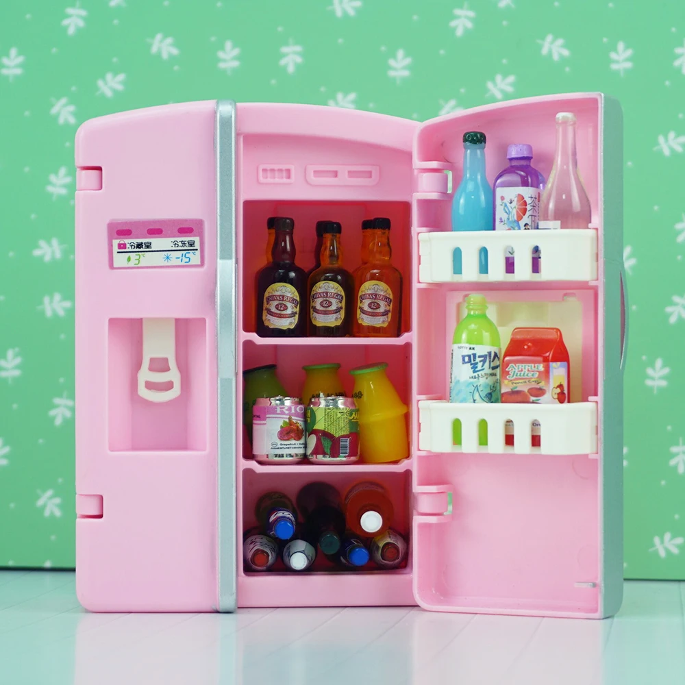 1/12 Mini Dollhouse Refrigerator With Food Set Kitchen Toys Miniature Furniture Fridge Decorations Juice Milk For Mystery Gift