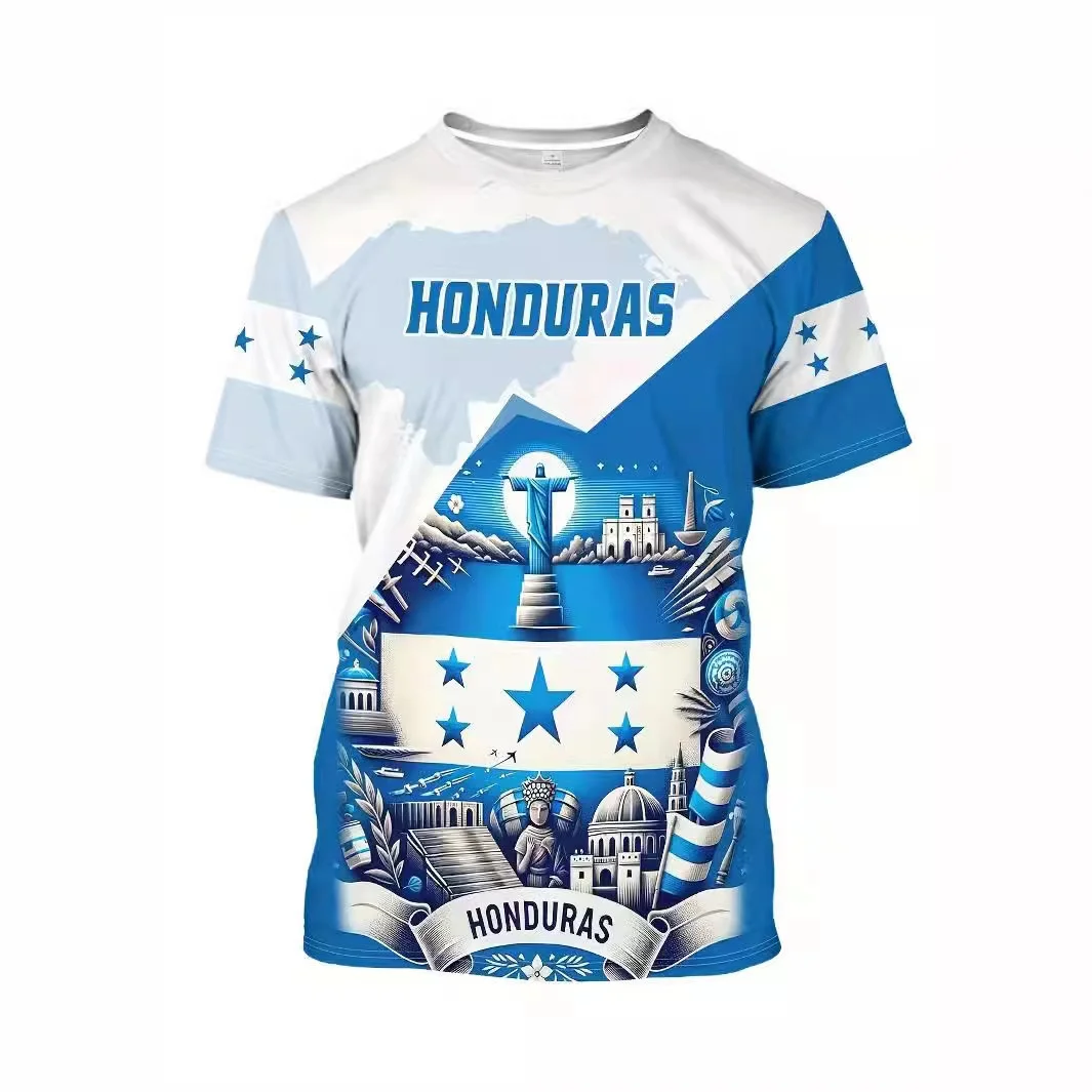 2024 European and American Summer Fashion T-shirt Honduras Flag Print Creative Pattern Men\'s Street Crew Neck Short-sleeved Top