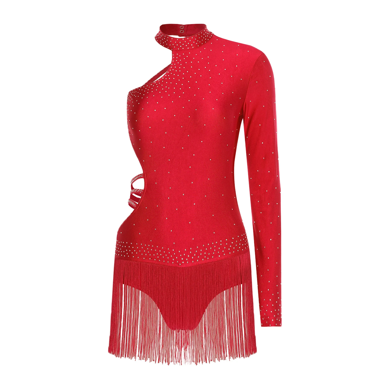 

Womens Chacha Latin Jazz Dance Dress Single Long Sleeve Strappy Backless Tassel Skirted Leotard Jumpsuit for Dance Performance