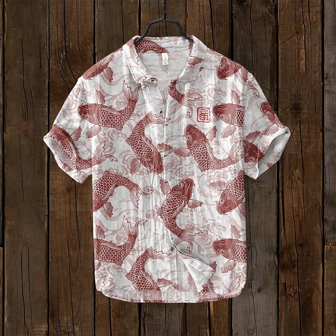 

Men's fashionable linen shirt slim fit comfortable street outdoor new beach 3D print, floral fish temperament shirt