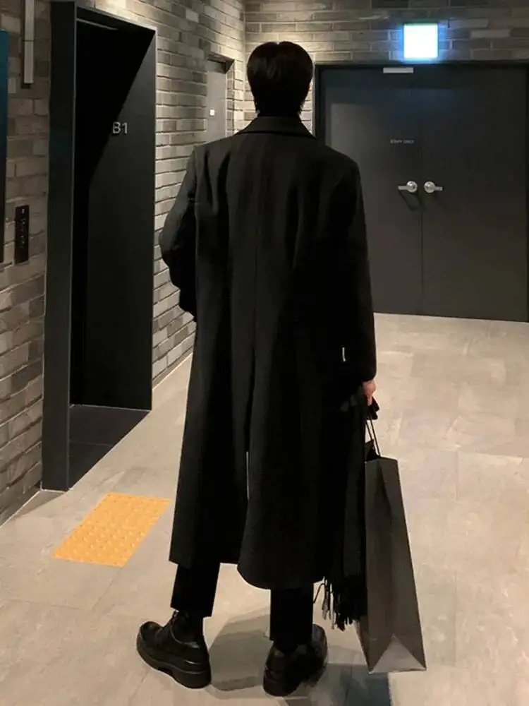 เสื้อโค้ทขนสัตว์ผู้ชายสไตล์เกาหลี ปกพับ กระดุมแถวเดียว ยาวคลุมเข่า หนา ใส่สบาย ลำลอง สำหรับผู้ชาย ฤดูหนาว 2025