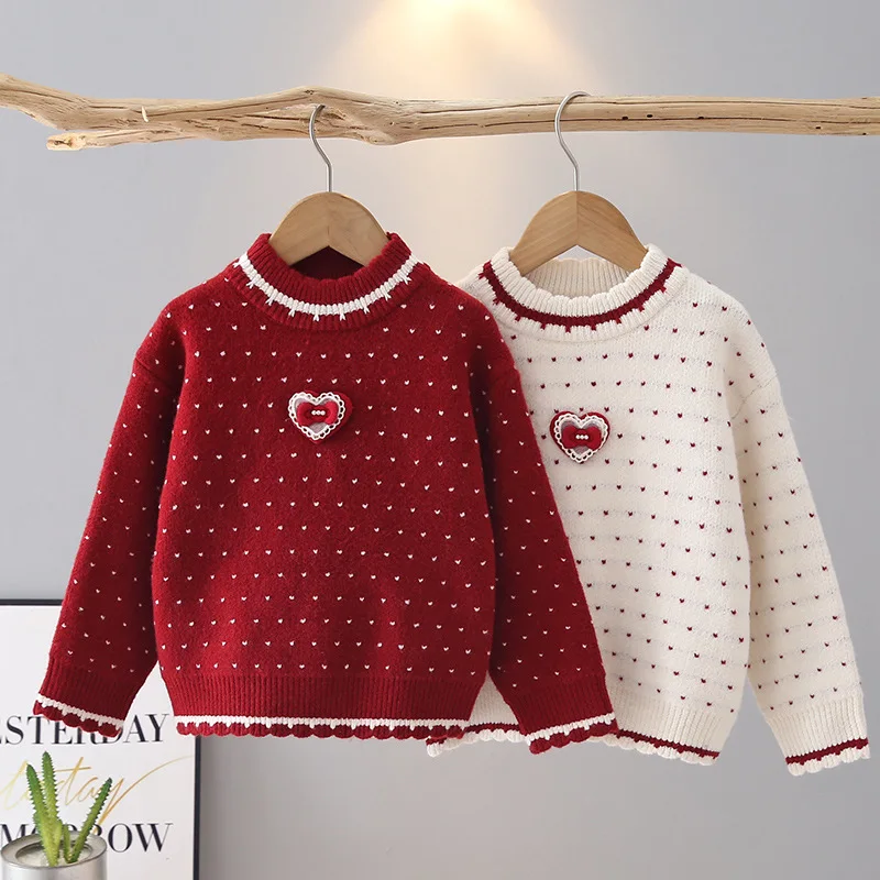Exquisite Dots Stripes Baby Girl Sweaters for Student Lovely Heart-shape Knitt Pullover Children New Style Daily Clothes IY10182