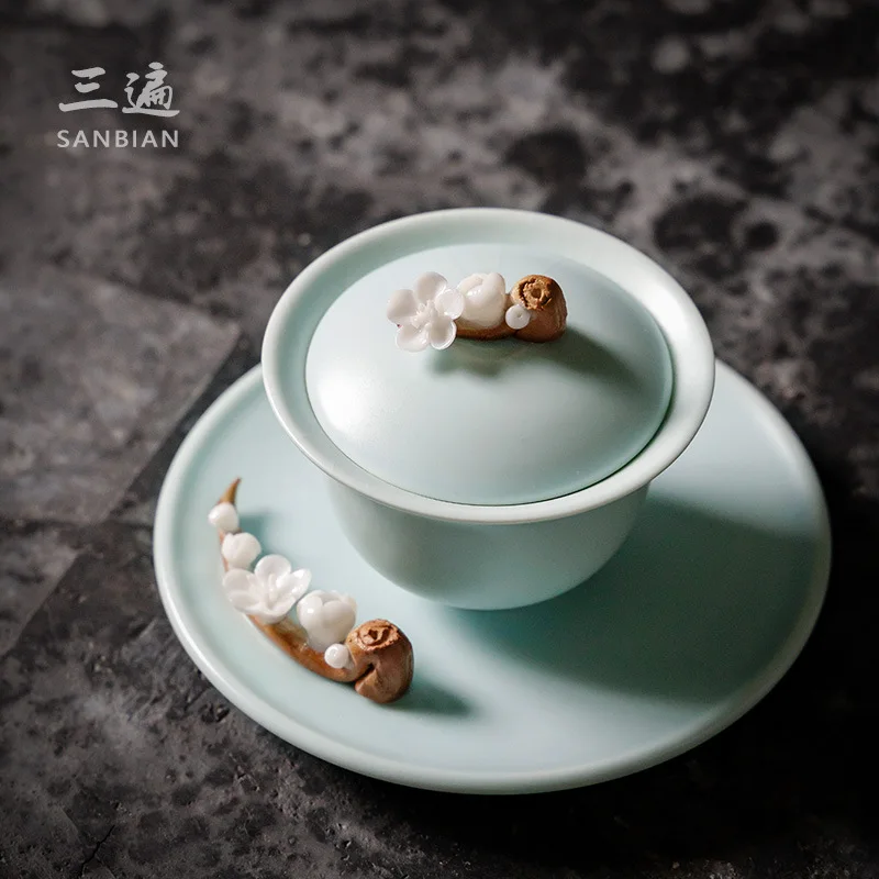 

★★Hand Pinch Flower Ru Ware Sancai Gaiwan Tea Cup Opening Film Porcelain Large Single Tea Brewing Bowl Ru-Porcelain Kung Fu Tea