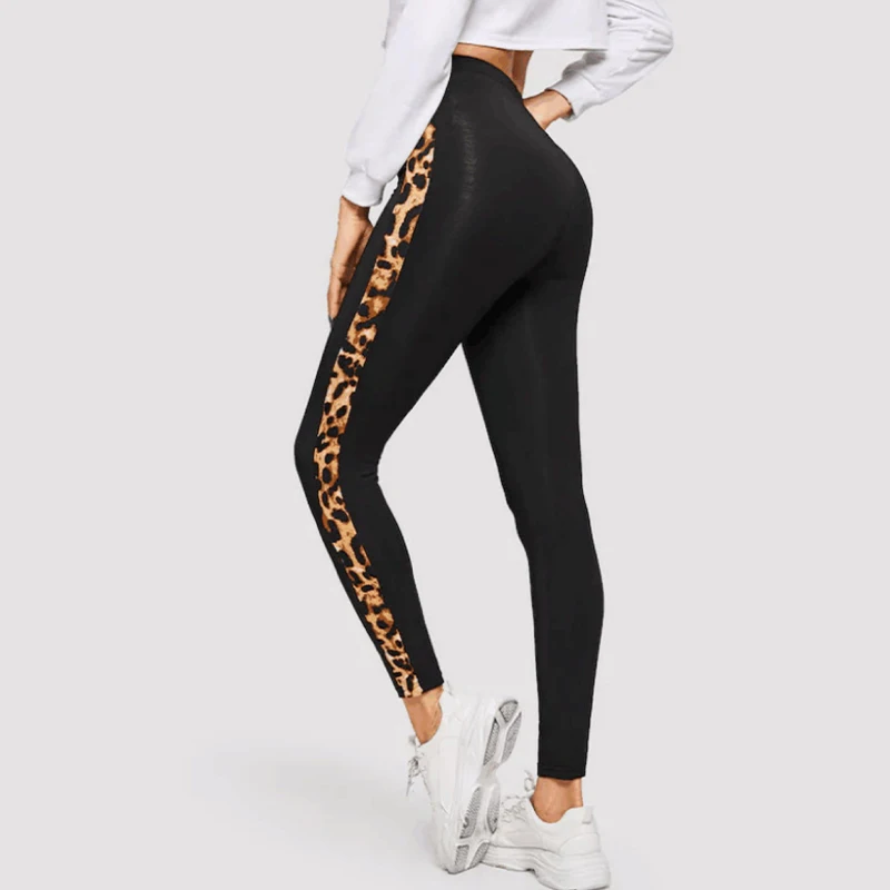 Leopard Splicing Fitness Pants High Waist Casual Stretch Yoga Pants Sexy Nine Minute Bottom Pants