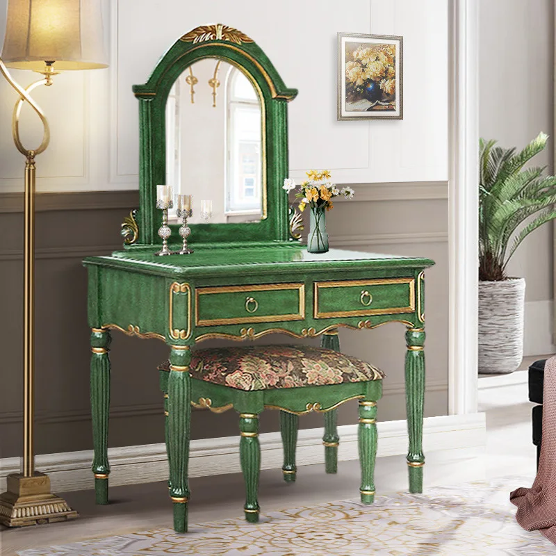 European dresser solid wood simple luxury makeup table stool retro with mirror emerald
