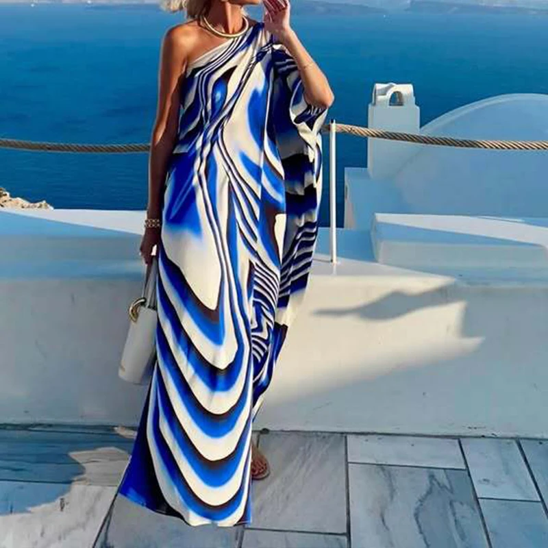 Abito lungo da donna sexy con spalla inclinata, abito lungo ampio con stampa a righe elegante primaverile, abiti da spiaggia Boho senza schienale estivi