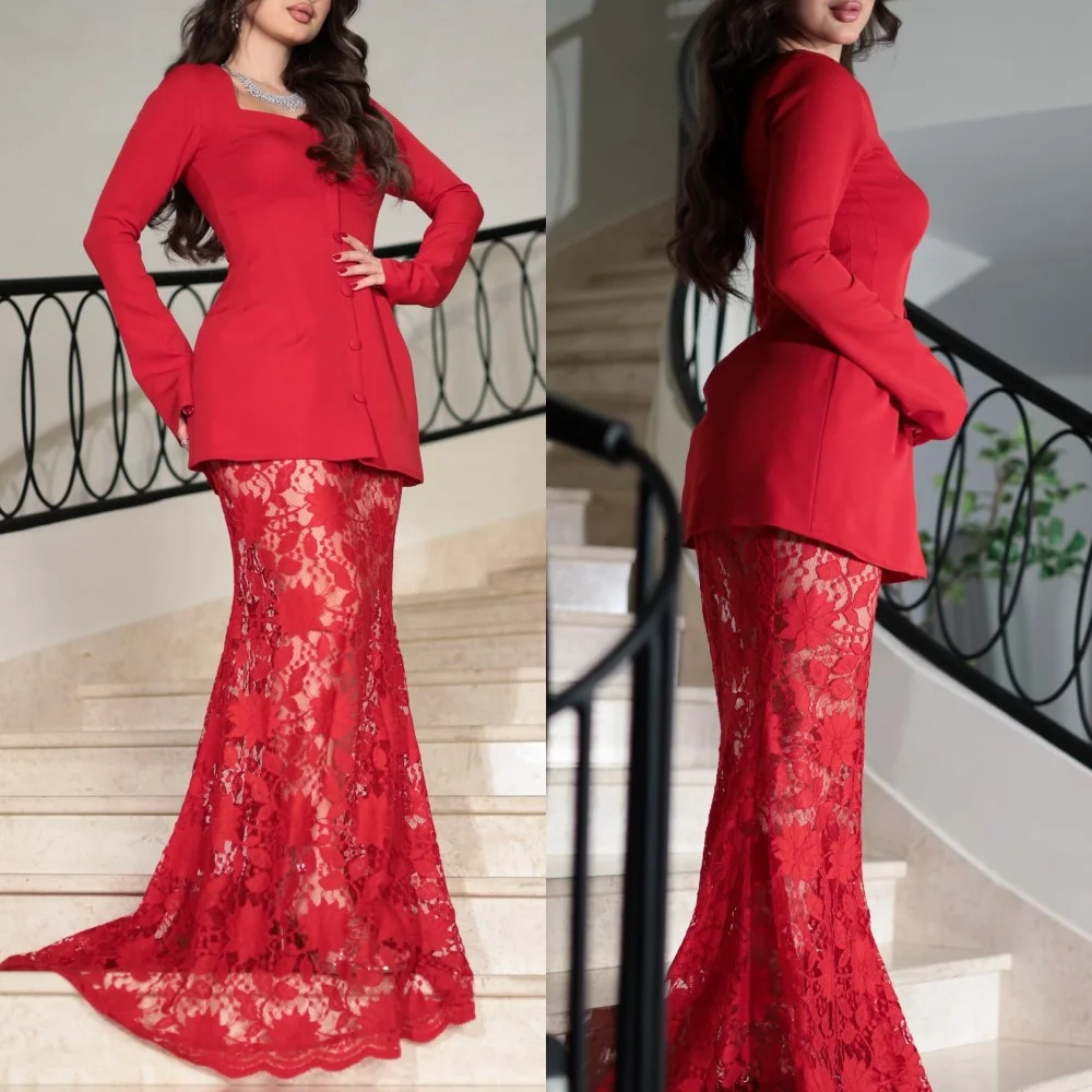 Customized Matching Fashion Jersey Pleat Lace Mermaid Square Neck Long Dresses Bespoke Occasion Dresses Sizes Available Pastrol