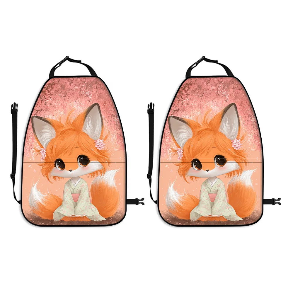 2pcs, Cute And Adorable Little Fox Japanese-Style Printed Car Seat Back Covers With Storage Pockets, Rear Seat Protective Kick M