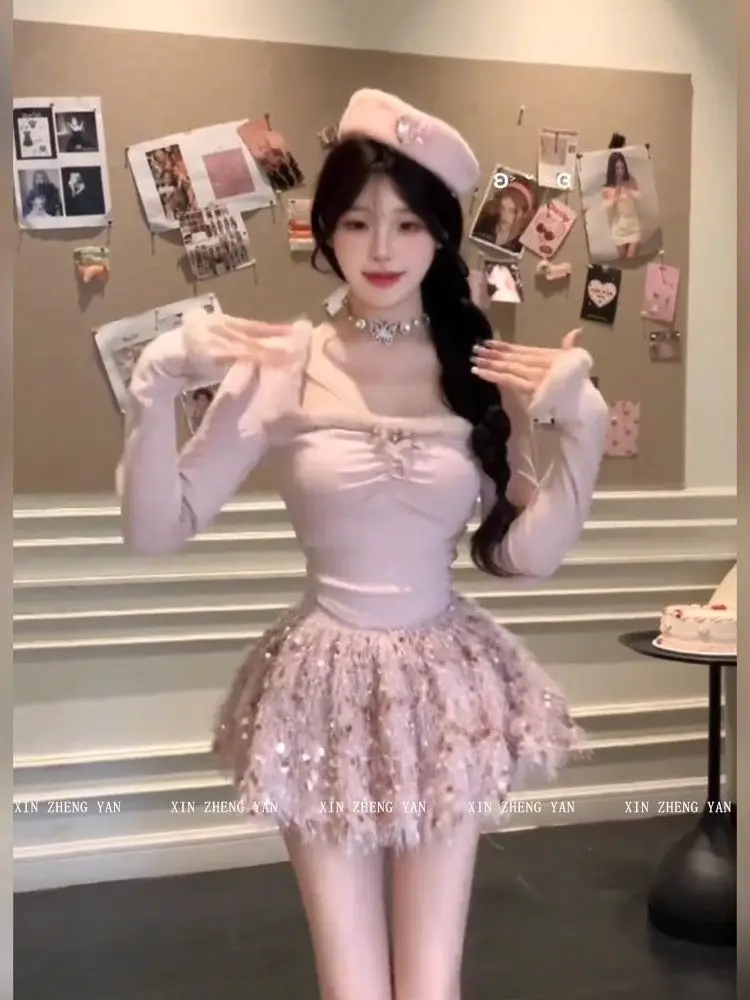 

Sweet Hot Girl Pure Sexy Suit Women's Autumn Lace Patchwork Square Collar Slim Top Sequin Tassel Skirt Fashion Two-piece Set