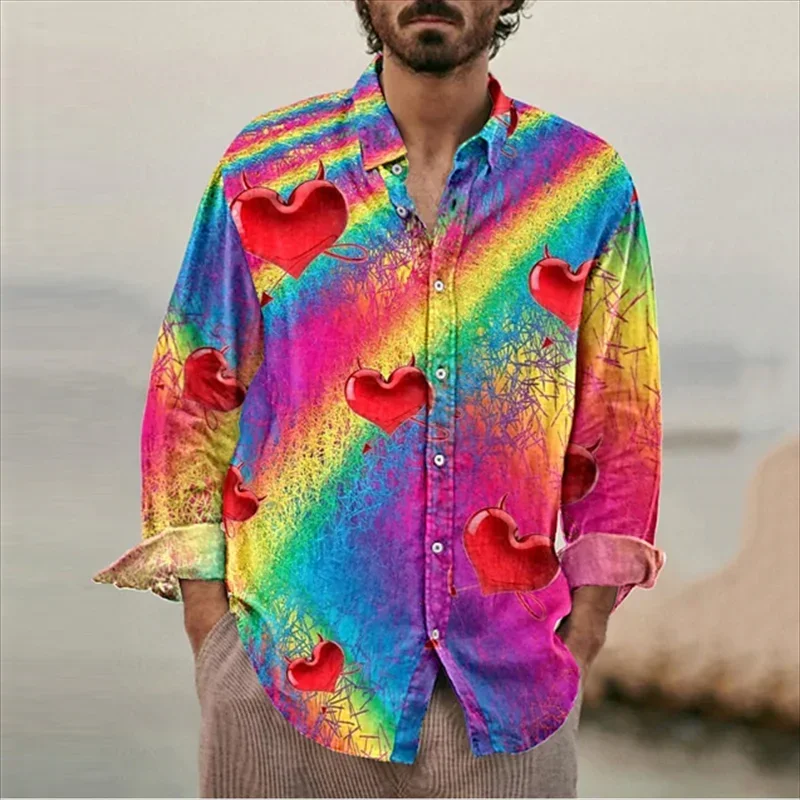 Summer Men Women Harajuku Colorful Love Shirts Rainbow Graphic Long Sleeve Lapel T-shirt Ropa Hombre Casual Oversized Male Tops