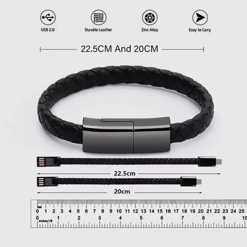 Bracelet USB Charging Cable Outdoor Portable Leather Mini Micro USB C Charger Data Cable For iPhone Samsung HUAWEI Xiaomi