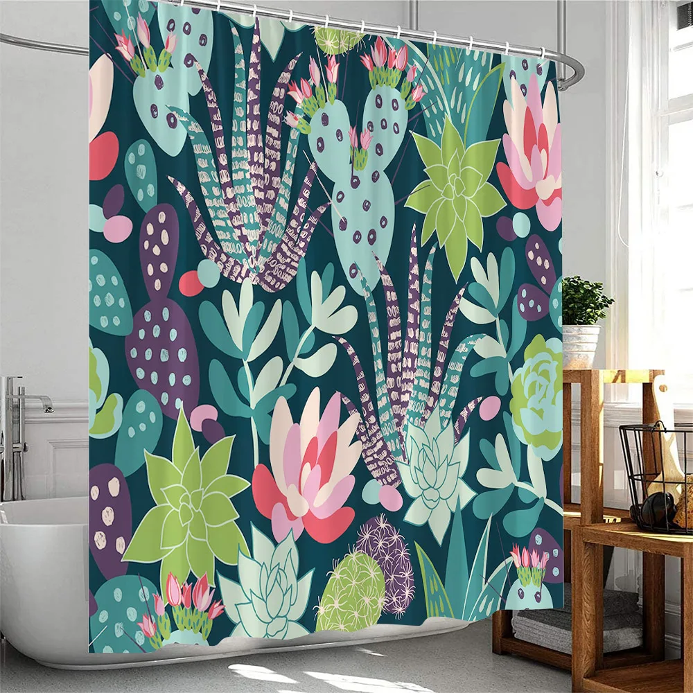 Green Plants Shower Curtain Tropical Leaves Cactus Succulent Flower Botanical Bathroom Decor Polyester Bathtub Curtain with Hook