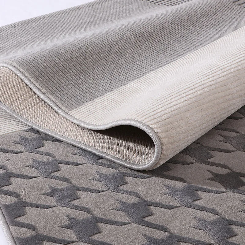 The Carpet in The Hallway of The Living Room Is Thickly and Densely Patterned, Covering A Large Area. It Is Also Very Durable