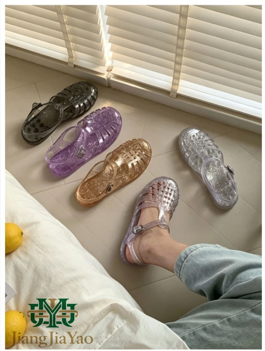 Adult's Retro Classic Transparent Jelly Shoes Parent-child Outdoor Crystal Sandals Ins Flat Bottom Hole Shoes Woven Roman Sandal