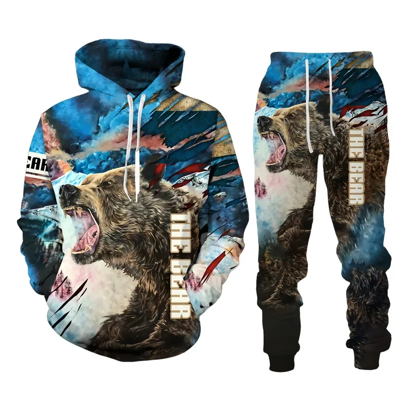 Men Animals Bear Camouflage Hoodies Suit 3D Print Tracksuit Pants 2Pcs Sets Outdoor Long Sleeve Pullover Oversize High-quality