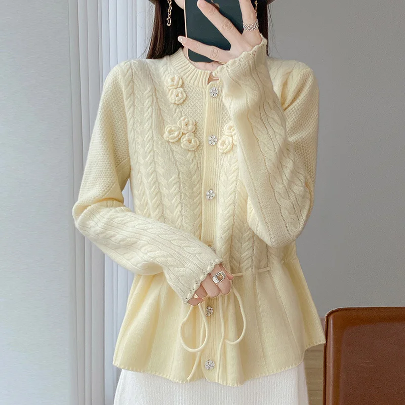 Autumn And Winter Round Neck Wool Tether Knit Cardigan Long Sleeve Waist Loose Twist Sweater Long Sleeve Coat