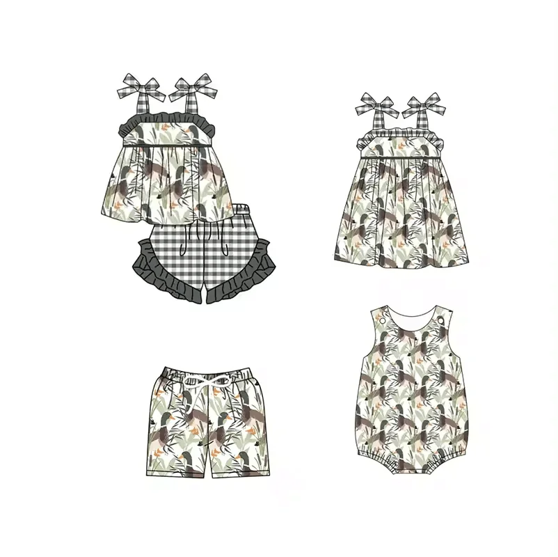 New children clothes sling bow duck print shorts plaid lace girls boy shorts set baby romper dress boutique children's set