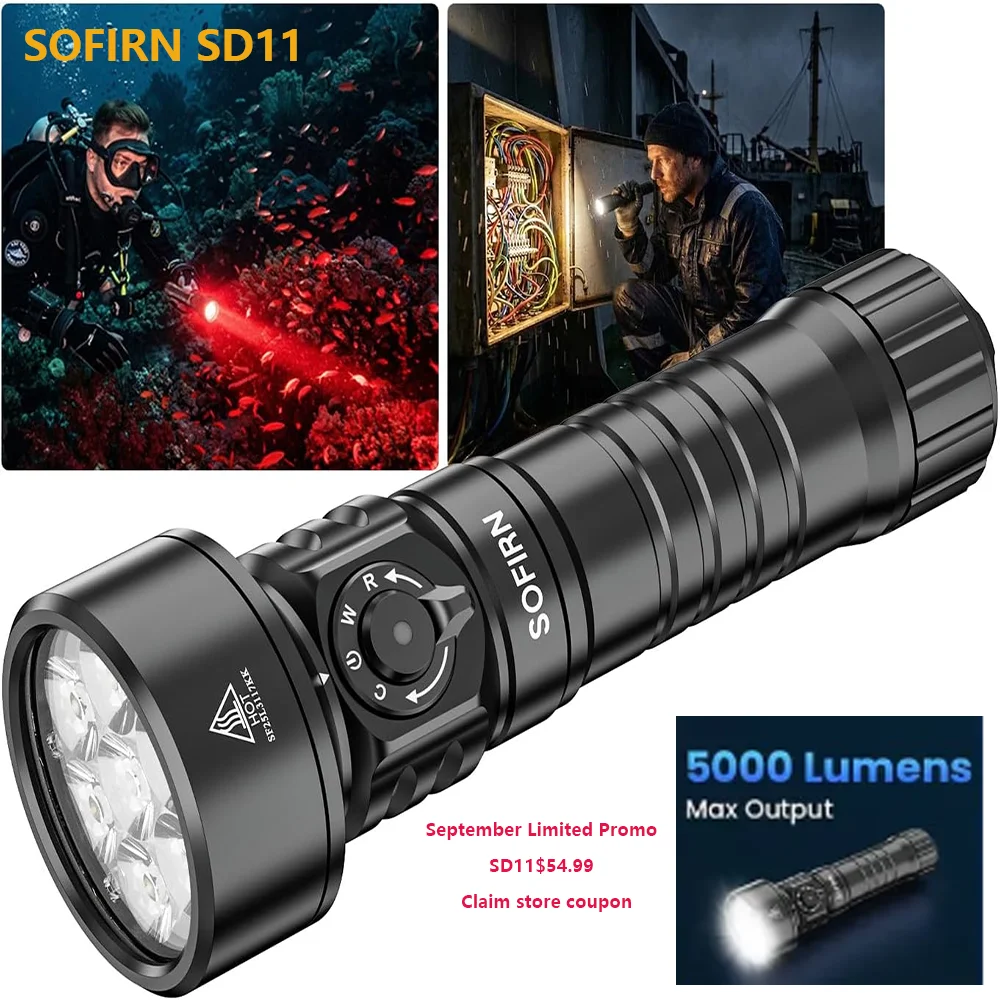 SOFIRN SD11 5000LM Dive Light Rechargeable Flashlight Scuba with 3 Light Modes IPX8 Waterproof 100m Underwater Torch for Diving