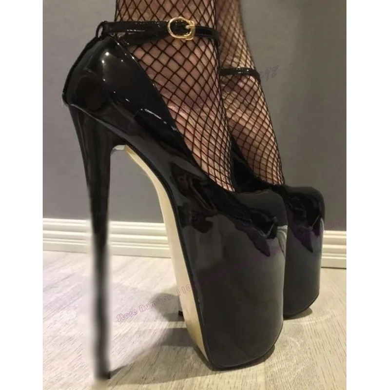 Zapatos de tacón alto extremo con plataforma Para mujer, calzado Sexy de charol con punta redonda, tacones finos, color negro, 2023