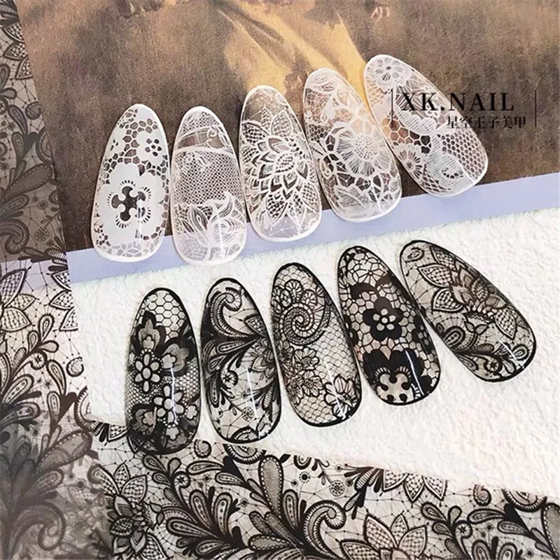 Lace Nail Foils Black White Transfer Paper Sexy Nail Art Stickers Stripe Lace Manicure Decals Nails Decoration