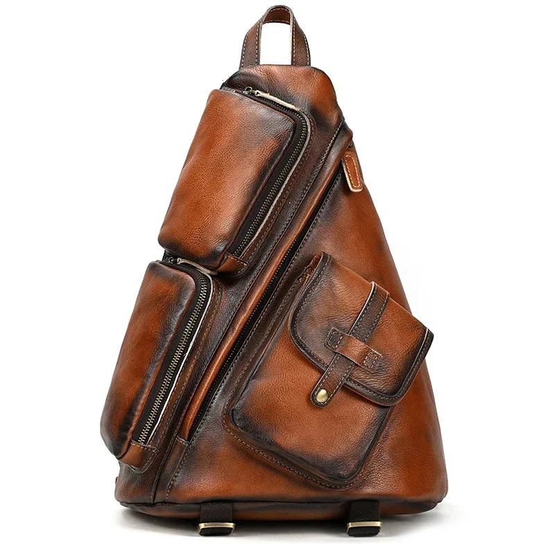 New Fashion Men's Leather Single Shoulder Backpack Real Cowskin Chest Bag Crossbody Backpacks For Man Male Anti Theft Men