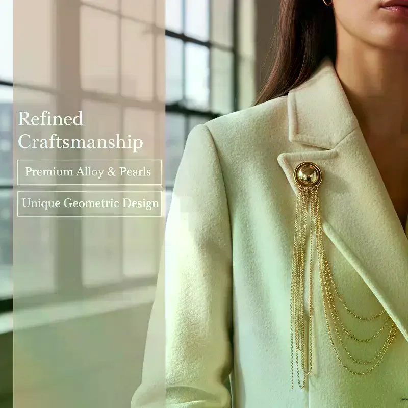 Creative Iron Tassel Chain Brooch Multi Layer Exaggerated Geometric Pearl Pins Clip Fashion Banquet Jewelry Accessories