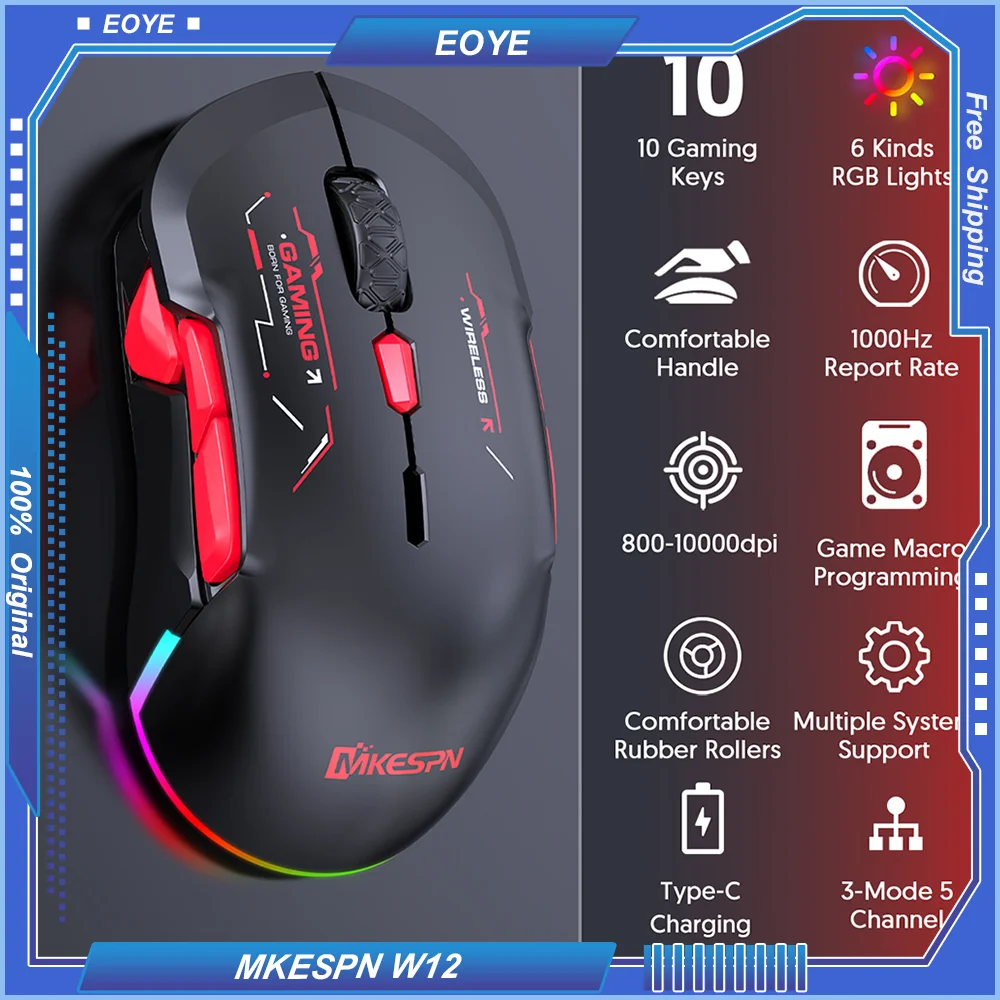 MKESPN W12 10-button Macro Gaming Mouse Both Hand Wireless Bluetooth Tri-mode Multi-channel Large RGB Ergonomic Ambidextrous