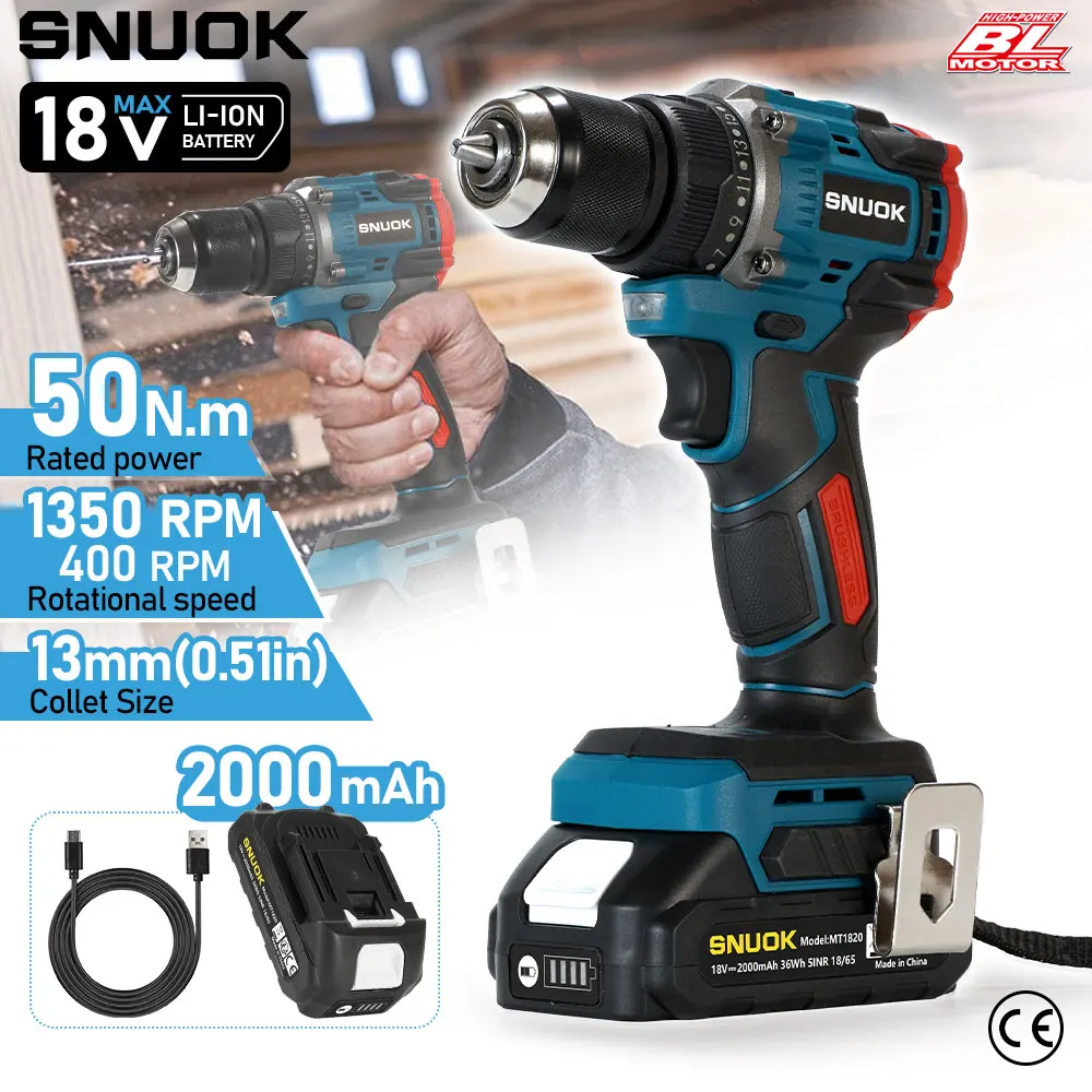 Trapano avvitatore a batteria SNUOK Brushless 50N.m, cacciavite elettrico multifunzione con ricarica Type-C, set da 2,0 Ah per batteria al litio Makita 18V, mandrino in metallo autobloccante da 13 mm,