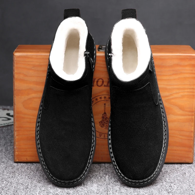 Men's sheepskin and wool integrated snow boots, real leather and fur, winter thick and warm boots slip resistance for Men's ﻿